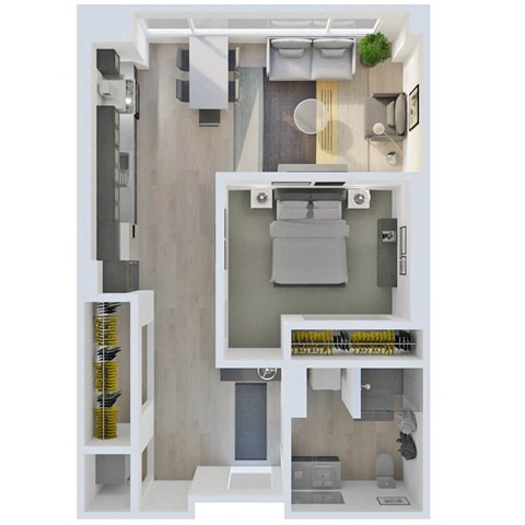 Floor plan for 1 bed, 1 bath, 651 sqft
